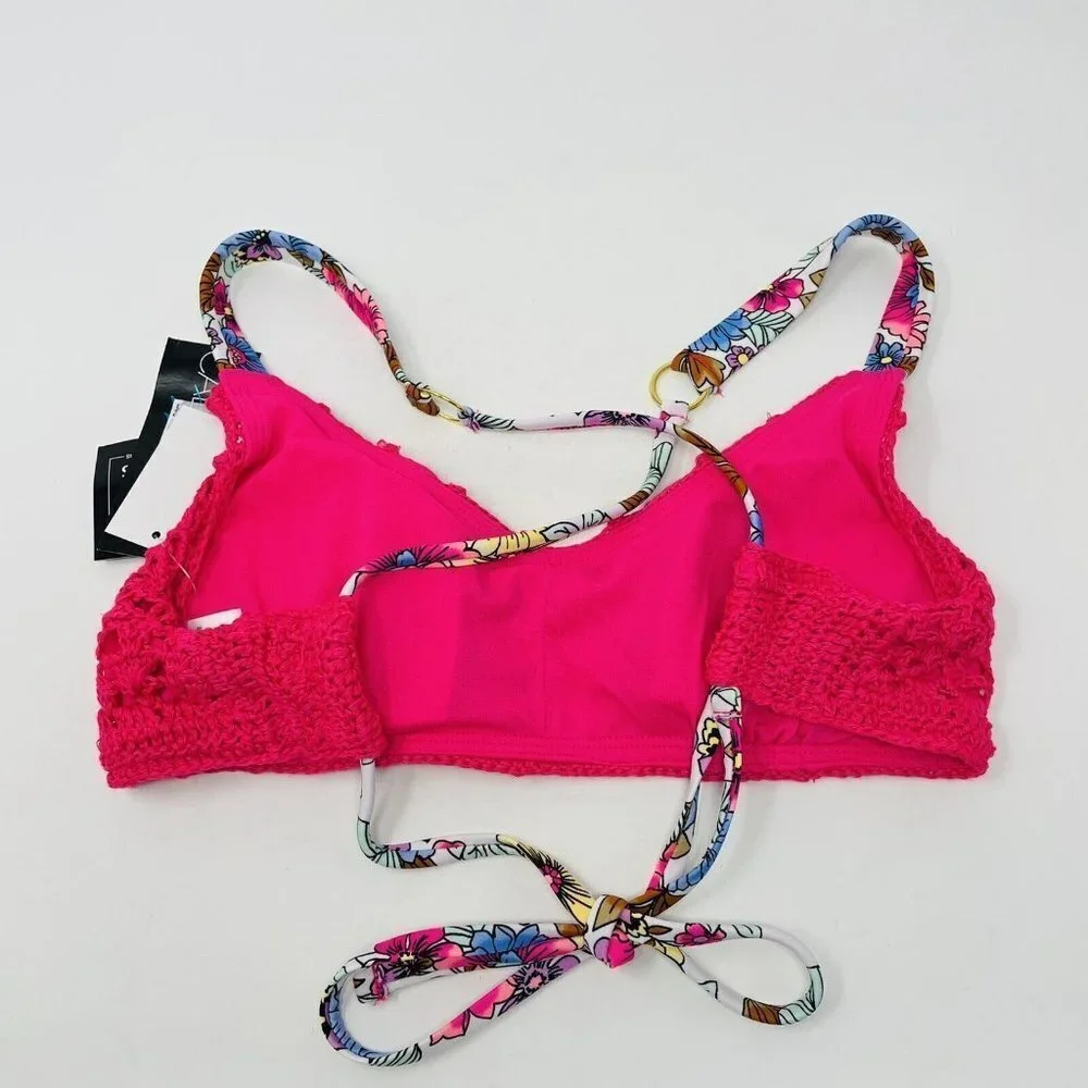 California‎ Waves Juniors Medium Crochet Bralette Bikini Top Racerback Pink 993